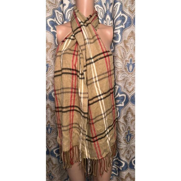 Cejon Camel Red Plaid Fringe Italian Scarf Good Condition - Picture 1 of 3